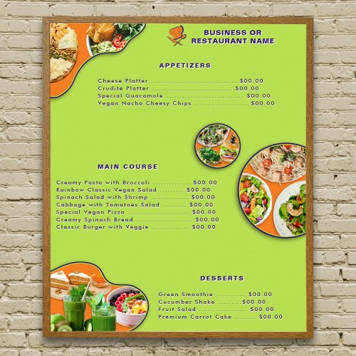 Professional Orange Purple Green Vegan Food Menu Poster