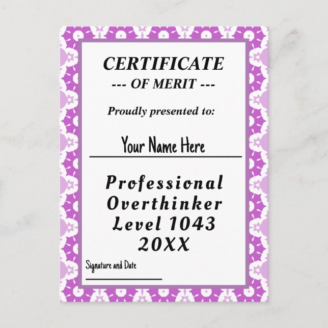 Professional overthinker certificate award postcard (Front)