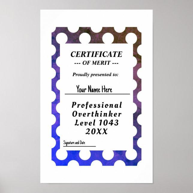 Professional overthinker certificate award poster (Front)