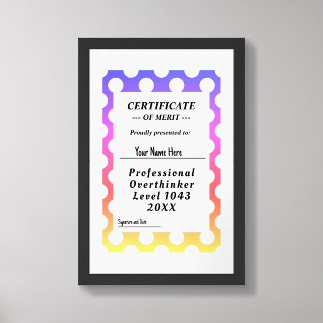 Professional overthinker certificate award poster (Framed Front)