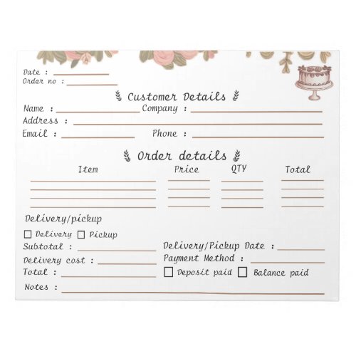 Professional Pastry Cupcake Bakery Order Form   Notepad