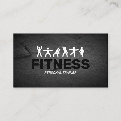 Professional Personal Trainer Fitness Business Card - Modern gym business cards featuring a rustic black background, simple stick figures doing fitness exercises, and a professional text template that is easy to personalize.