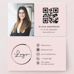 Professional Photo Blush Pink QR Code Social Media Business Card