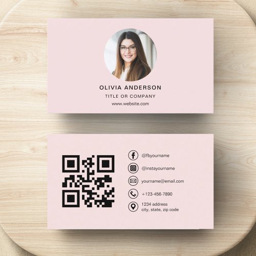 Professional Photo Blush Pink QR Code Social Media Business Card