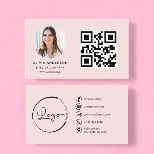 Professional Photo Blush Pink QR Code Social Media Business Card