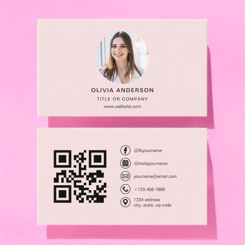 Professional Photo Blush Pink QR Code Social Media Business Card