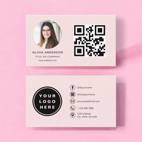 Professional Photo Blush Pink QR Code Social Media Business Card