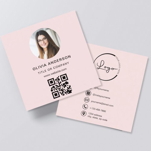 Professional Photo Blush Pink QR Code Social Media Square Business Card