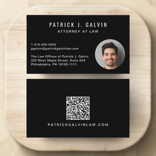 Professional Photo QR Code Black Business Card (Make a lasting impression with this modern business card featuring your photo and scannable QR code)