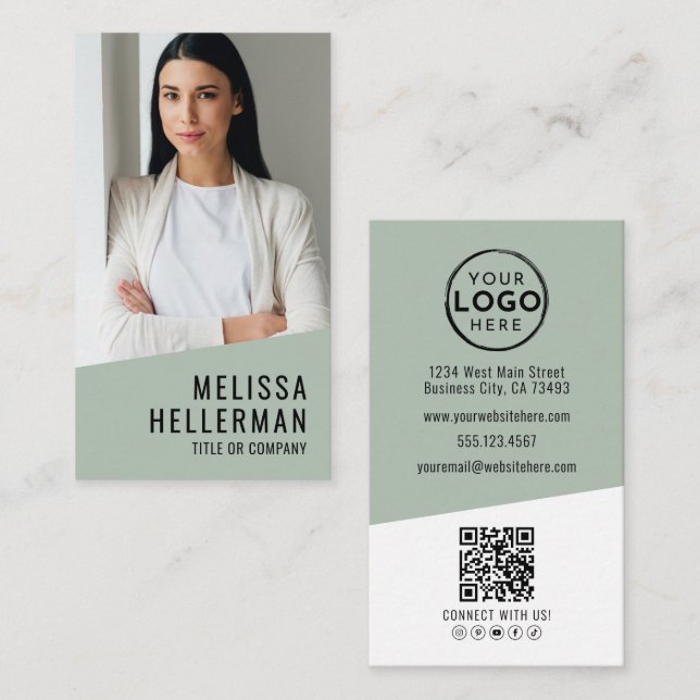 Professional Photo QR Code Logo Green Vertical Business Card (Front/Back)