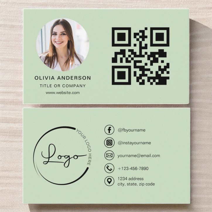Professional Photo Sage Green QR Code Social Media Business Card