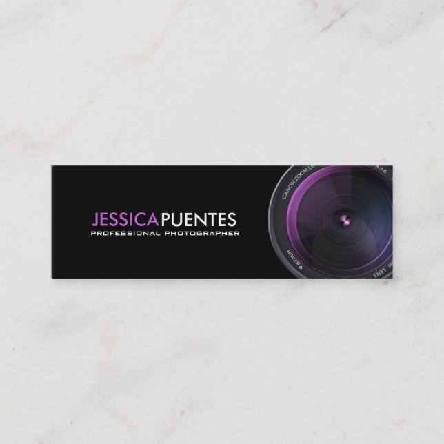 Professional Photographer Purple Camera Lens Mini Business Card (Front)