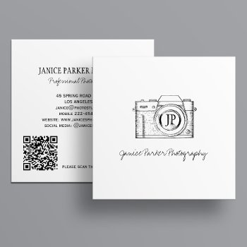 Professional Photographer Qr Code Black And White Square Business Card by uniqueoffice at Zazzle