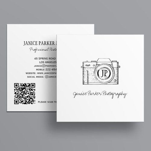 Professional photographer QR code black and white Square Business Card