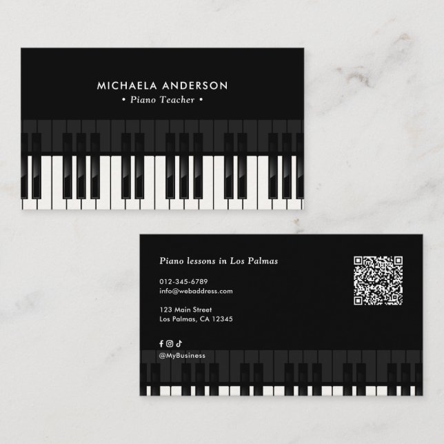 Professional Piano Teacher QR Code & Social Media Business Card (Front/Back)