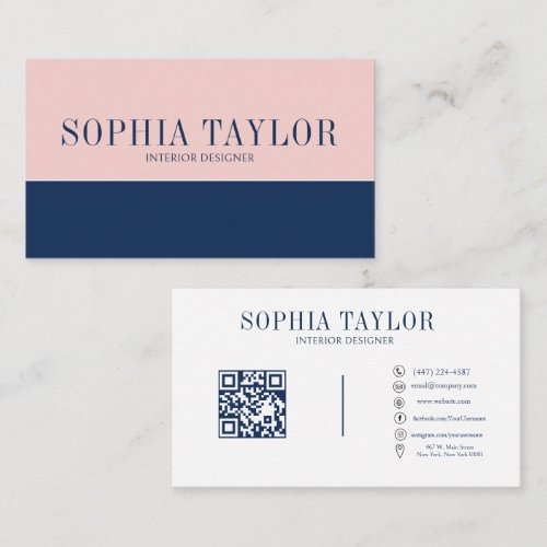 Professional Pink and Navy Blue QR Code Business Card