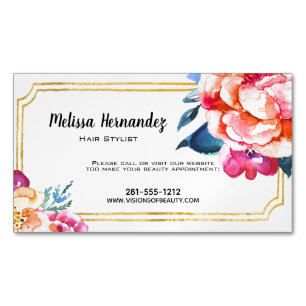 Professional Pink Blue Floral Gold Hair Stylist Business Card Magnet