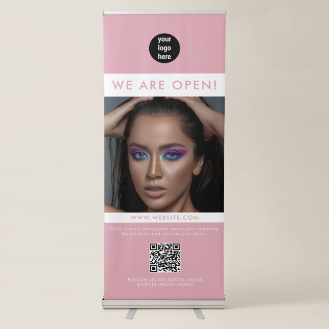 Professional Pink Business We Are Open Photo Retractable Banner (Front)