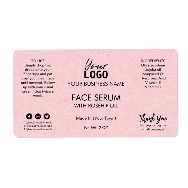 Professional Pink Dropper Bottle Face Oil Serum Label (Front)