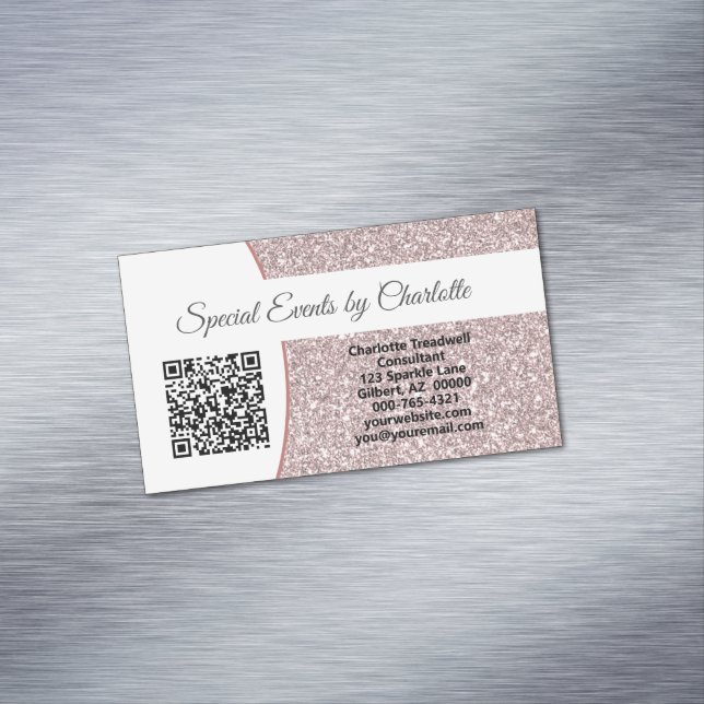 Professional Pink Faux Glitter Custom QR Code Business Card Magnet (In Situ)