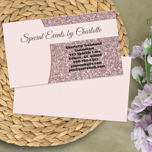 Professional Pink Faux Glitter FRONT Blank Back Business Card (Tell them who you are on this simple rose gold faux glitter card with ample room for notes on back.)