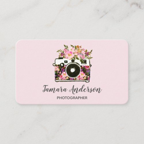 Professional Pink Floral Camera Photographer Business Card