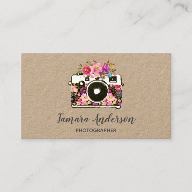 Professional Pink Floral Camera Photographer Kraft Business Card (Front)