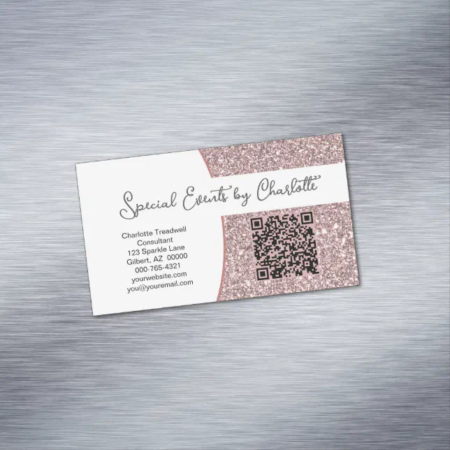 Professional Pink Glitter Custom QR Code Business Card Magnet | Zazzle