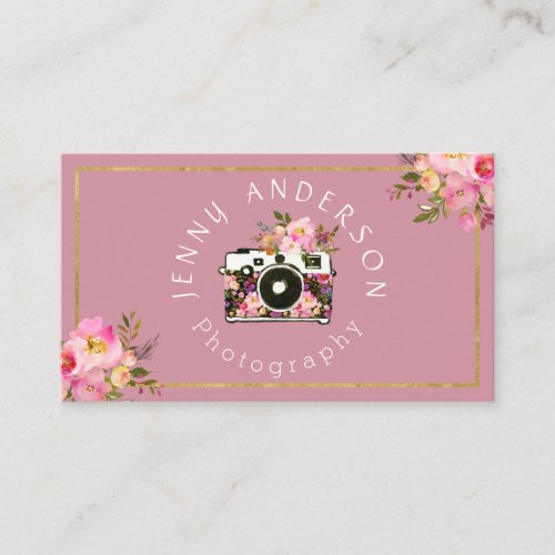 Professional Pink Gold Floral Camera Photographer Business Card