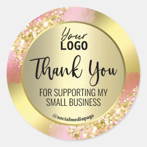 Professional Pink Gold Glitter Thank You Logo Classic Round Sticker