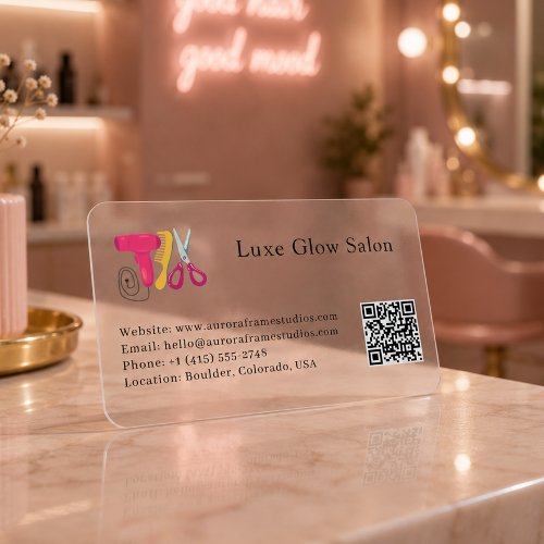 Professional Pink Hair Salon Comb Logo QR Code Clear Business Cards