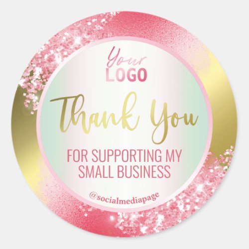 Professional Pink Ink Glitter Gold Thank You Logo Classic Round Sticker