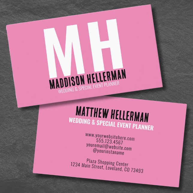 Professional Pink Minimalist Modern Monogram Business Card (Stylish Girly Pink Minimal Modern Monogram Business Card)