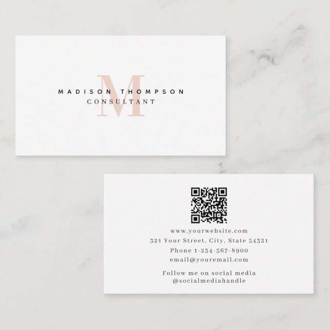 Professional Pink Monogrammed Minimalist QR Code Business Card (Front/Back)