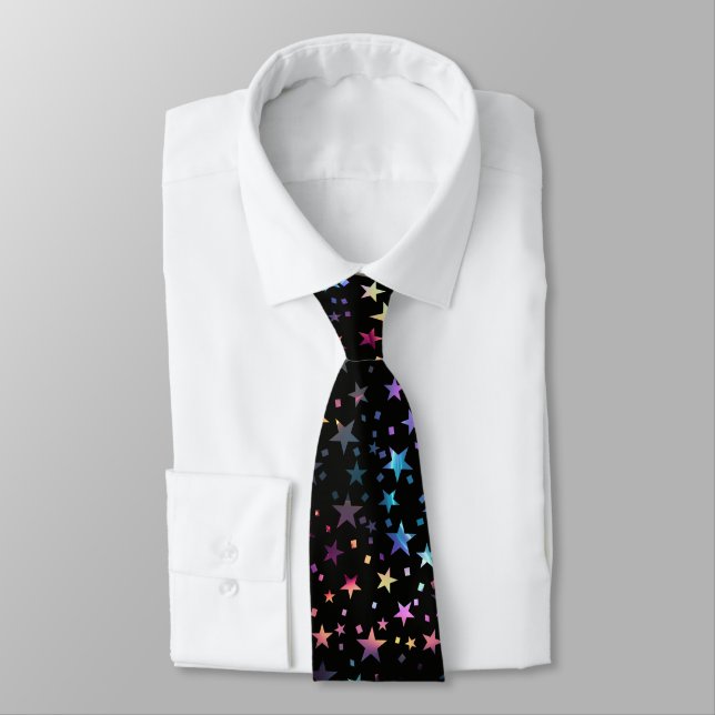 Professional Pink Purple Blue Stars Black Neck Tie (Tied)