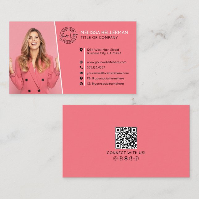 Professional Pink QR Code Photo Your Logo Business Card (Front/Back)