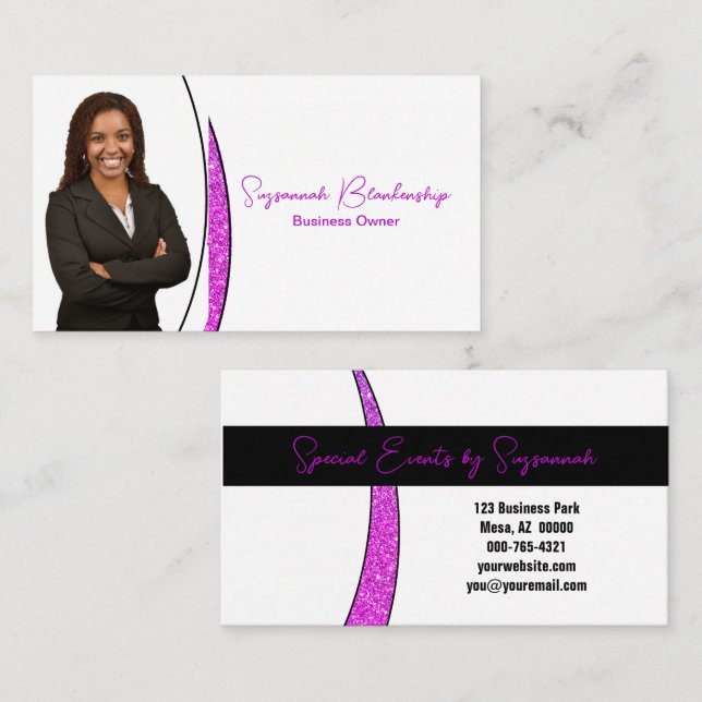 Professional Pink Sliver of Faux Glitter Photo QR Business Card (Front/Back)