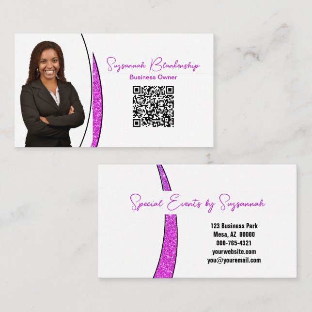 Professional Pink Sliver of Faux Glitter Photo QR Business Card (Front/Back)