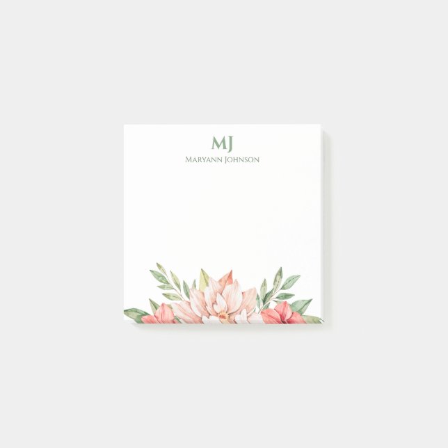 Professional Pink Watercolor Flowers Personalized Post-it Notes (Front)