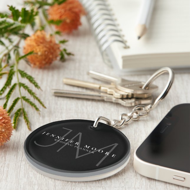 Professional Plain Black and White Monogram Keychain (Front Right)