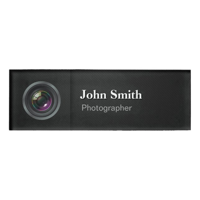 Professional Plain Black Camera Lens Photographer Name Tag (Front)