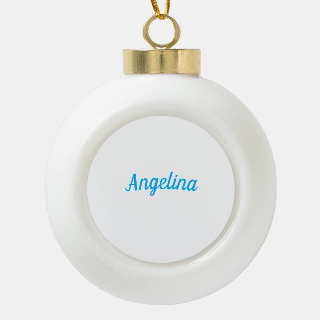 Professional Plain Modern Elegant Blue Your Name Ceramic Ball Christmas Ornament (Front)