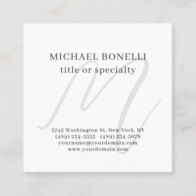 Professional Plain Modern Minimalist Monogrammed Square Business Card (Front)