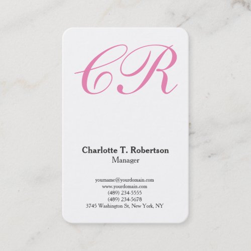 Professional plain pink script monogram feminine business card