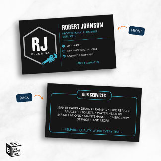 Professional Plumber Black Blue Plumbing Services Business Card