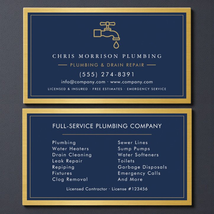 Professional Plumber Navy Blue Gold QR Code Business Card