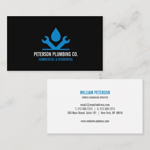 Customizable Professional Plumbing Logo with drop &amp; tool black Business Card