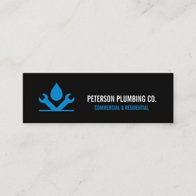 Professional Plumbing Logo with drop & tool black Mini Business Card (Front)
