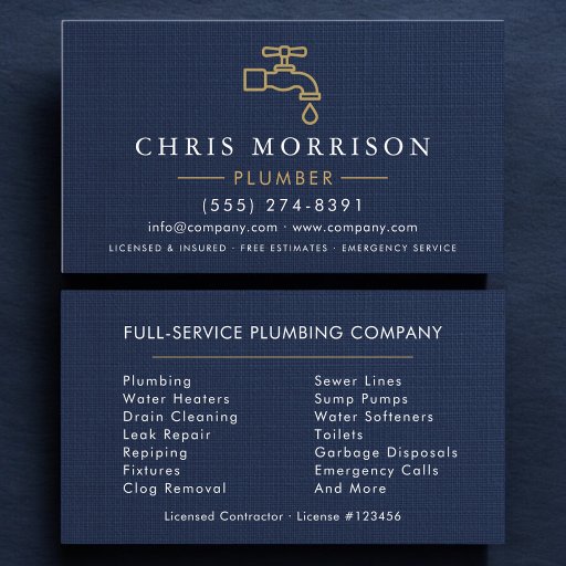 Customizable Professional Plumbing Plumber Navy Blue Gold  Business Card