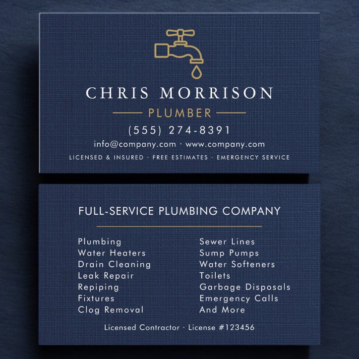 Professional Plumbing Plumber Navy Blue Gold Business Card